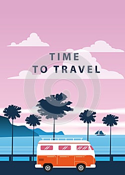 Travel, trip vector illustration. Sunset, ocean, sea, seascape. Surfing van, bus on road palm beach. Summer holidays