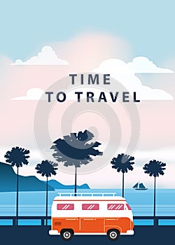 Travel, trip vector illustration. Sunset, ocean, sea, seascape. Surfing van, bus on road palm beach. Summer holidays