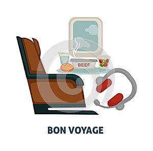 Travel or trip voyage vector icon of airplane seat, meals and traveler earphones