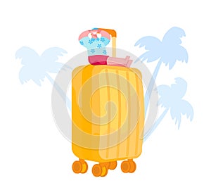 Travel on Tropical Country Resort. Tiny Male Character Tanning at Huge Luggage on White Background with Palm Trees