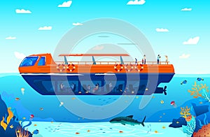 Travel in tropical sea on water transport poster vector illustration. Marine ship cruise, sailboat floating on ocean