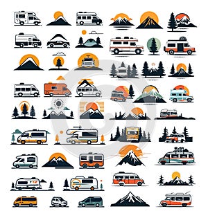 Travel trucks logo, large colorful vector set. Tourist trailers, vans, campers, with elements of wild nature, mountains