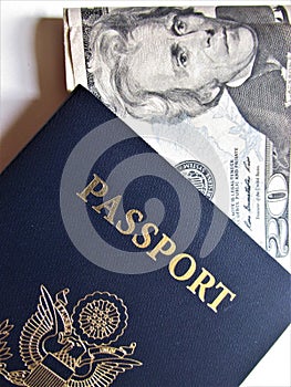 Travel or turism concept. American passport. Opened passport with visa stamps. photo