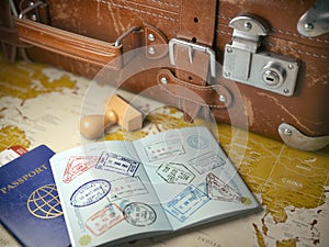 Travel or turism concept. Old suitcase with opened passport w photo