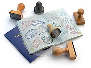 Travel or turism concept. Opened passport with visa stamps and d photo