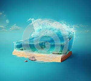 Travel and vacation background. 3d illustration with cut of the ground and the beautiful sea underwater. Baby sea isolated on blue
