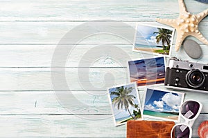 Travel vacation background concept with weekend photos on wooden backdrop. Top view with copy space. Flat lay. All photos taken by photo