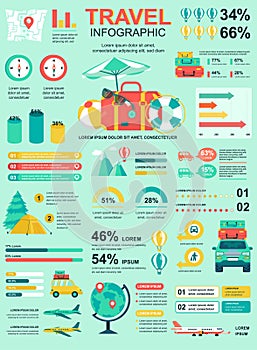 Travel vacation banner with infographic elements. Poster template with flowchart, data visualization, timeline, workflow,