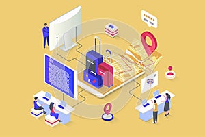 Travel vacation concept in 3d isometric design. Vector illustration with isometry people