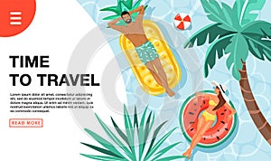 Travel vacation concept. Landing page template. Happy couple floating and sunbathing on swim ring in swimming pool.
