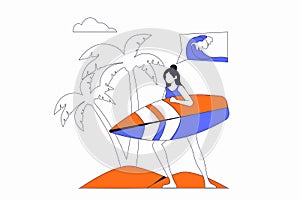 Travel vacation concept with people scene in flat outline design.