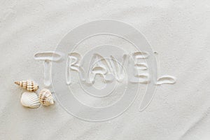 Travel, vacation concept. Sea shells on sand and blue background. Travelling