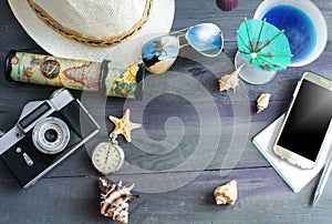 Travel and vacation concept wooden table background