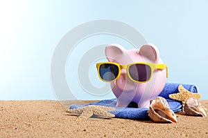 Travel vacation money, retirement plan, Piggy Bank on beach, copy space