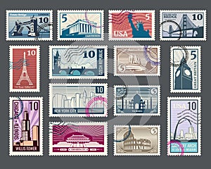 Travel, vacation, postage stamp with architecture and world landmarks