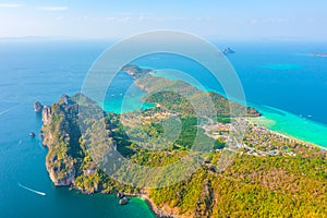 Travel vacation resorts aerial above of the islands and settlements with hotel houses on the beaches of tropical resorts