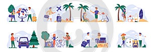 Travel vacation scenes bundle with people characters.
