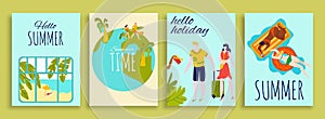 Travel, vacation, summer holidays banners set, tourists, travelers with luggage on globe, sunbathing and swim in sea