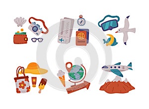 Travel and Vacation Symbol and Attribute for Tourism and Holiday Adventure Vector Set