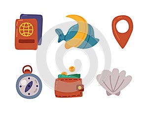 Travel and Vacation Symbol and Attribute for Tourism and Holiday Adventure Vector Set