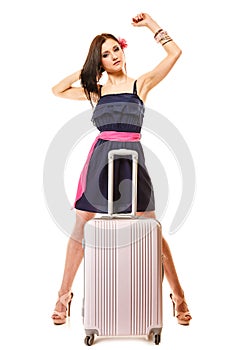 Travel and vacation. Woman with suitcase luggage bag.