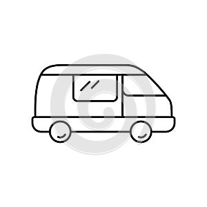 Travel van. Linear icon of retro truck. Black simple illustration of wagon, car, transport for camping. Contour isolated vector