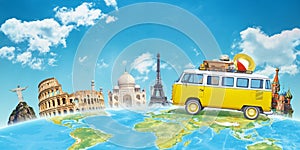 Travel by van to world famous destinations concept