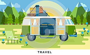 Travel van for traveling vector flat illustration. Bus with different element stands near mountains.