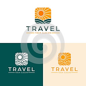 Travel vector logo design. Field and sunset logotype.