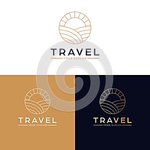 Travel vector logo design. Sunset and field logotype.