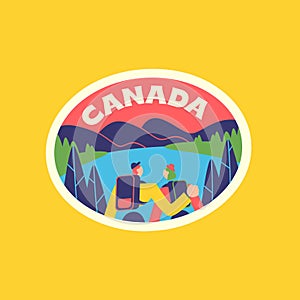 Travel Vector Retro Sticker, Pin, Stamp, Patch. A couple of travelers admires the incredible nature of Canada.