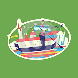 Travel Vector Retro Sticker, Pin, Stamp, Patch. A gondolier is sailing on a gondola. Venice.