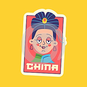 Travel Vector Retro Sticker, Pin, Stamp, Patch. Smiling girl in Chinese national costume.