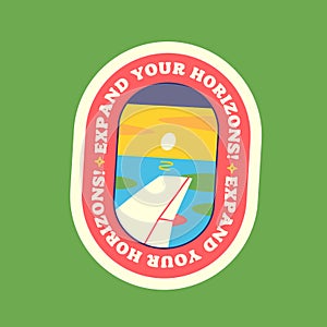 Travel Vector Retro Sticker, Pin, Stamp, Patch. View from the plane window of a beautiful sunset over the sea.