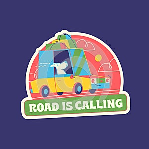Travel Vector Retro Sticker, Pin, Stamp, Patch. A yellow car with a school dog is driving on the road.