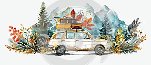 Travel vehicle concept with suitcases on the car's roof. Illustration depicting spring vacations, blooming trees and