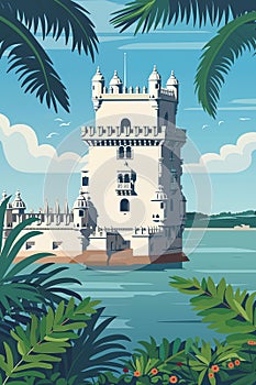 Travel vertical poster with Belem Tower, Lisbon, vertical print with famous tourist attraction.