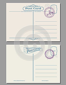 Travel vintage blank postcard with rubber stamps. Vector template