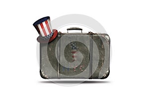 Travel Vintage Leather Suitcase With Uncle Sam`s Hat, NYC Sign and American Flag in Shape Of Statue of Liberty. Happy 4th of July