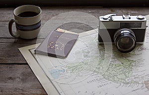 Travel Vintage map and camera