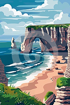 Travel vintage poster with spectacular view of Etretat Aval cliffs, Normandy, France.