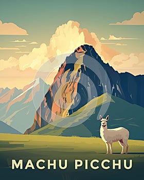 Travel vintage poster with spectacular view at Machu Picchu, Peru. Ai generated image