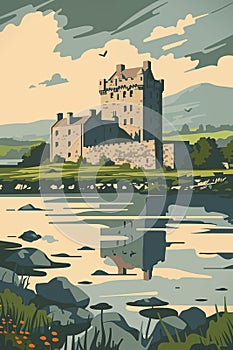 Travel vintage poster with spectacular view at old castle, Ireland.