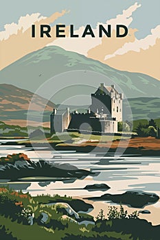 Travel vintage poster with spectacular view at old castle, Ireland