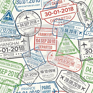 Travel visa airport stamps seamless pattern. Traveling document, vise or passport rubber stamp patterns vector photo