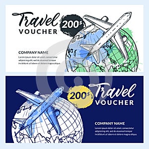 Travel voucher, certificate design template. Vector hand drawn sketch illustration of Earth planet and flying airplane