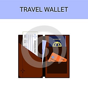 Travel wallet with passport, money, boarding pass, vector