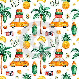 Travel watercolor seamless pattern with palm tree,yellow car,suitcase,pineapple