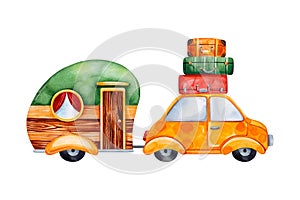 Travel watercolor set with caravan camping and yellow car.