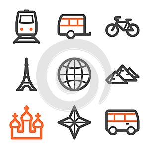 Travel web icons set 2, orange and gray contour